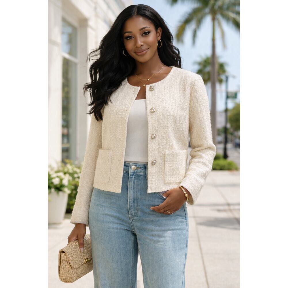 H&M Ivory Bouclé Textured Jacket XL Cropped Lady Jacket